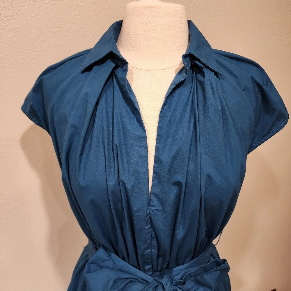 eShakti Cotton Poplin Blouson Midi Dress Dark Teal Classic Flare size Large 12 - Picture 3 of 11
